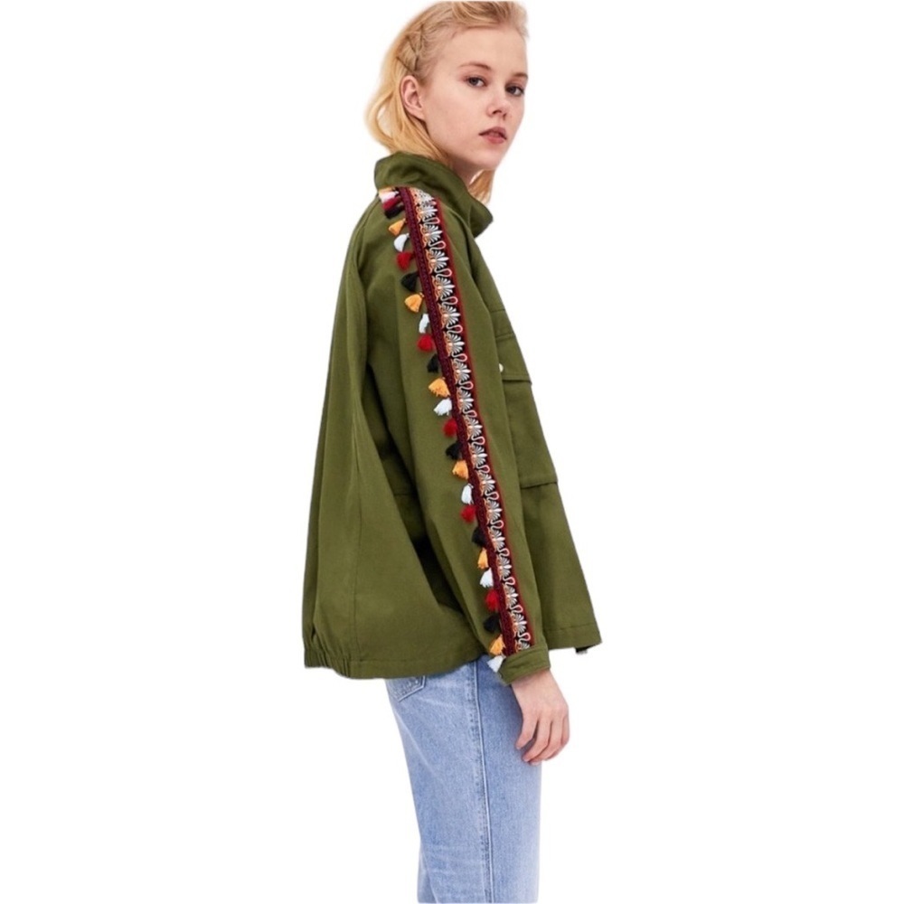 ZARA Greenish Parka w/ High Collar Colorful Trim w/ Tassels Size S/M - Picture 2 of 8